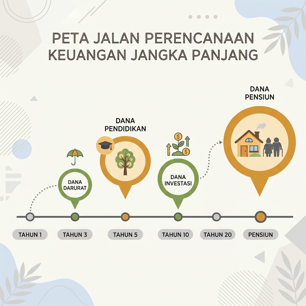 Garis waktu dengan penanda tujuan keuangan dari tahun ke tahun.
